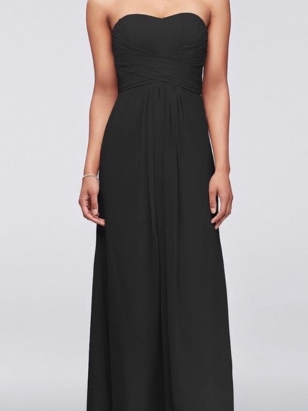 David’s Bridal Full Length Black Strapless Pleated Bodice Chiffon Dress